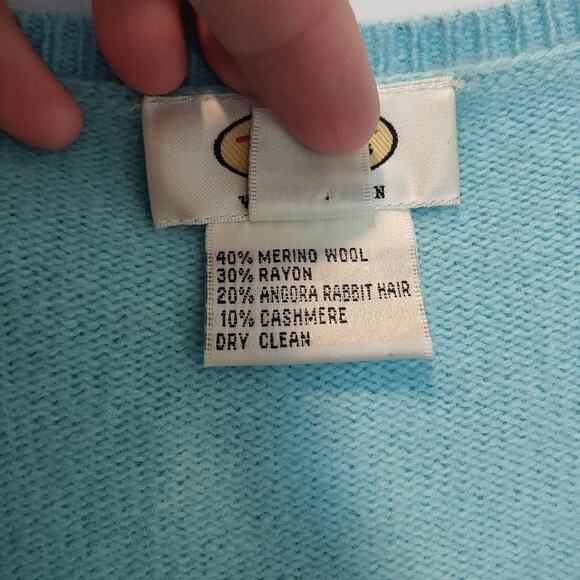 Vintage Talbots Sz 1X Blue Elbow Patch V Neck Sweater Merino Angora Cashmere - Picture 6 of 6